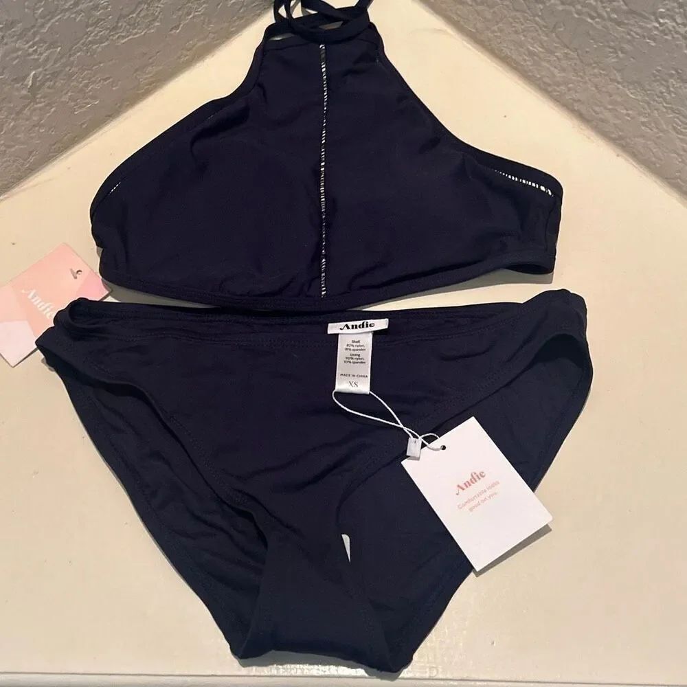 Andie Swim Size XS Navy Blue Bikini Swimsuit Set Minimalist Simple High Neck Top